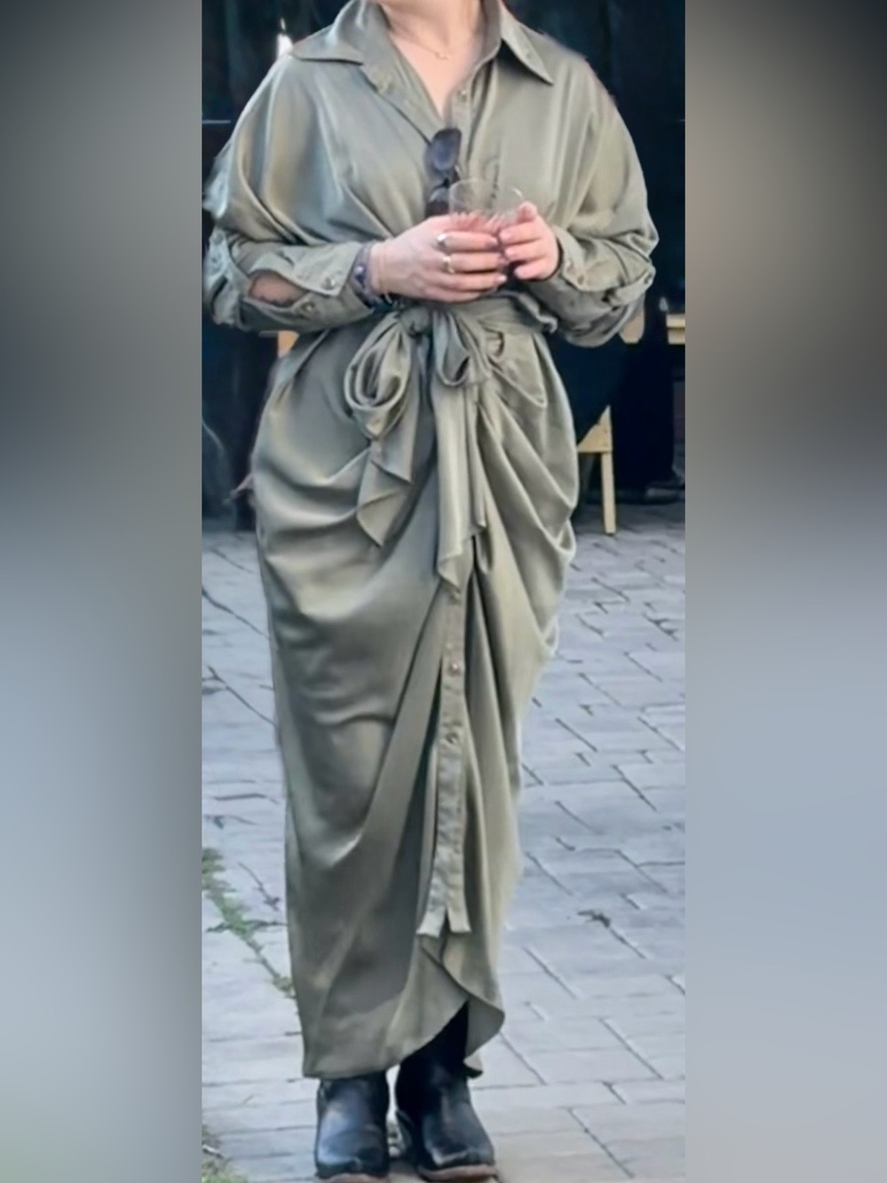 Ruched Satin Olive Midi  Dress with Button Front & wrap sash belt - size L 8/10 - Picture 3 of 8